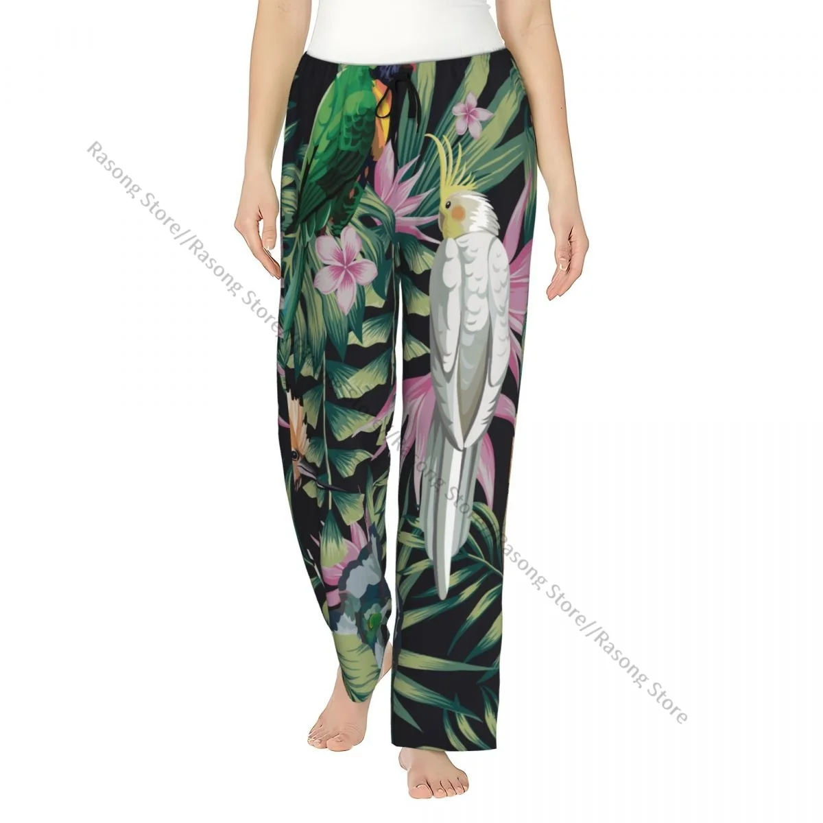 Cozy Flannel Pajama Pants for Women Tropical Parrot Hoopoe Plants Flowers Sleep Bottoms Home Loungewear