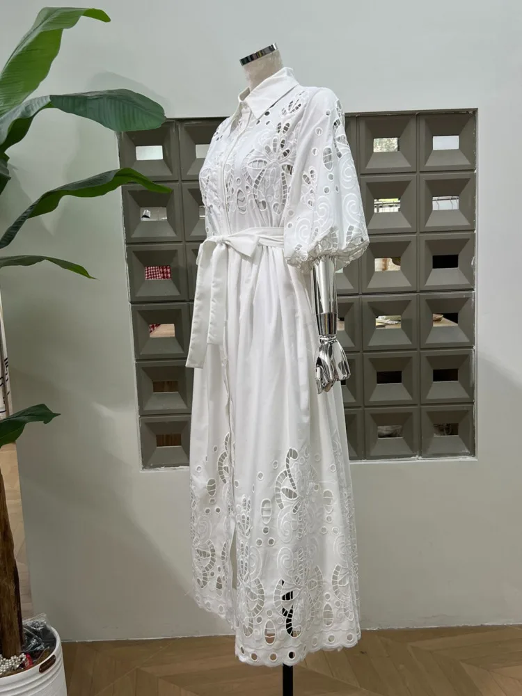 DFDG Vestidos de mujer informales con solapa suave y bordado con botones recortados en la parte delantera, manga corta, estilo bohemio, verano y primavera 2025