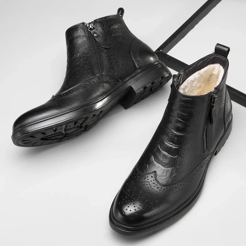 Autumn Winter Premium Men's Brogue Chelsea Boots Size：35-47 Soft Embossed Genuine Leather Boots All Match Formal Daily Footwear
