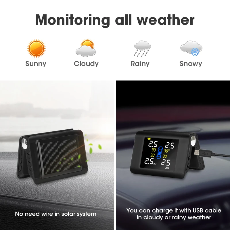 Jansite TPMS Wireless Car Tire Pressure Monitoring Intelligent System Solar Power LED Display with 4 Built-in or External Sensor