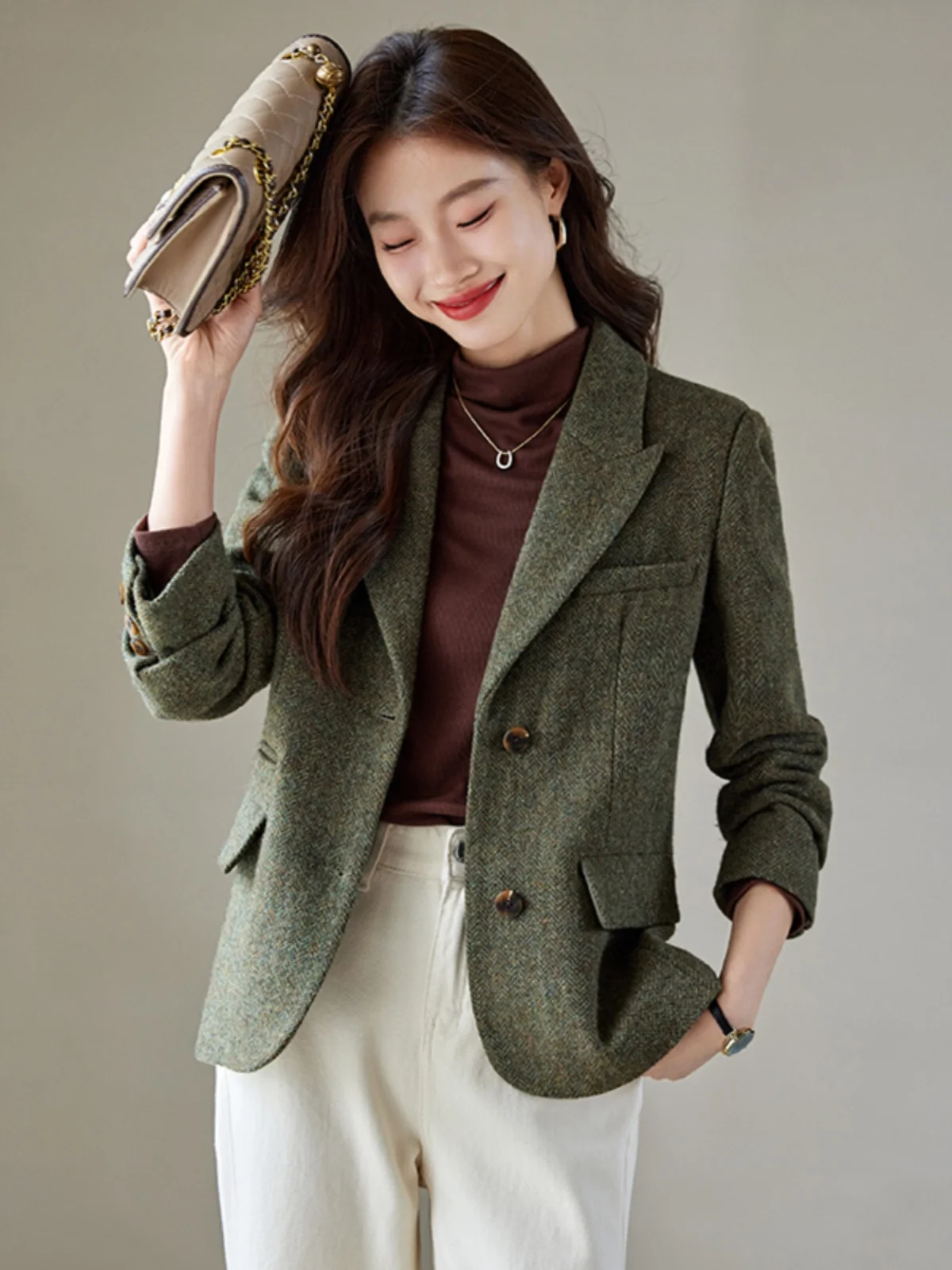 

Autumn Winter Long Sleeve Tailored Jacket Women's Commute Single Button Pure Color Professional Small Tailor's Coat