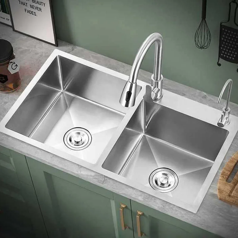 

Handmade 304 Stainless Steel Kitchen Sink Set Thickened Double Bowl Square Shape Single for Vegetable Dishwashing Household Use