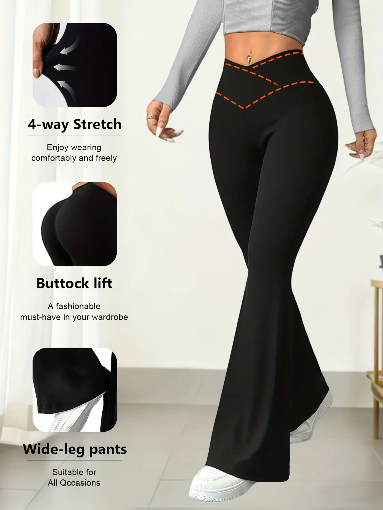 

Однотонные черные леггинсы с высокой талией и расклешенными штанинами для женщин: высокоэластичные, с контролем живота, эффектом подтяжки ягодиц, 4-сторонним стрейчем, облегающие, для йоги и спортзала