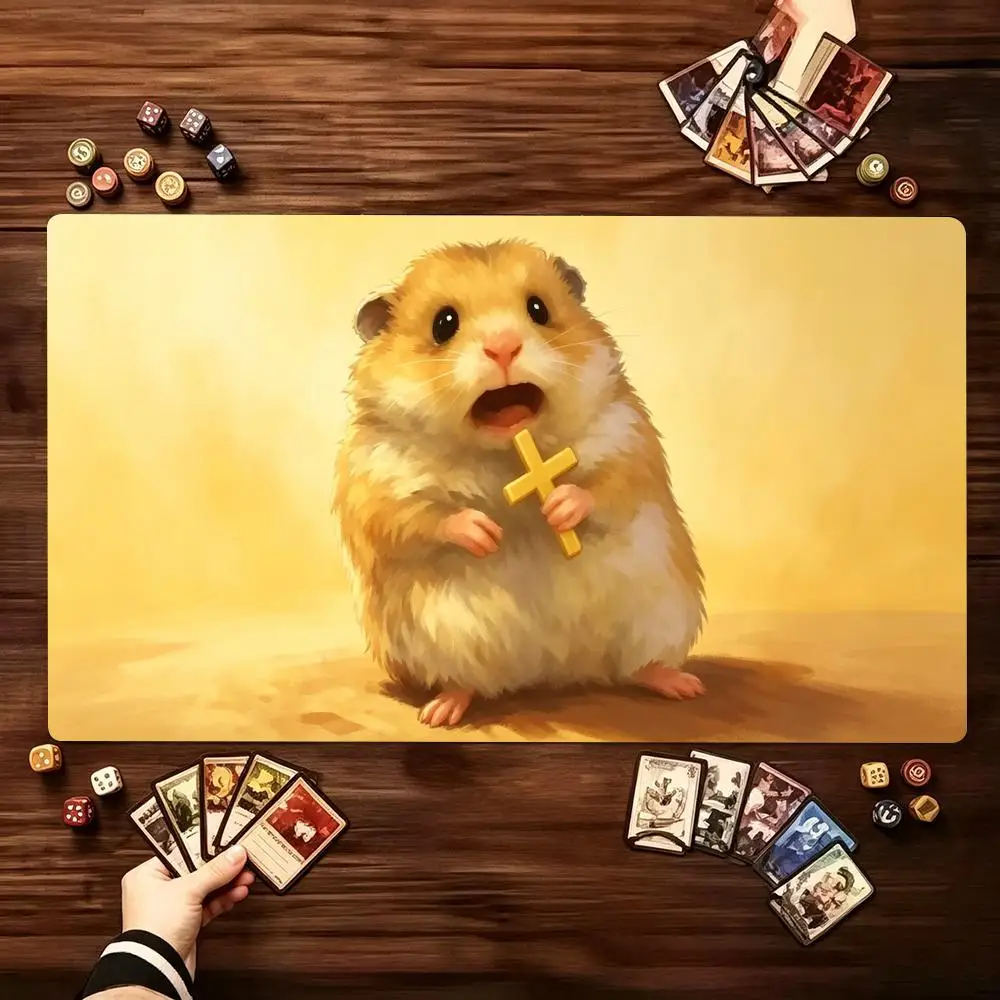 Cute Holy Hamster TCG Playmat Large Non Slip Rubber Mat Smooth Cloth Surface Trading Card Battle Pad For Tabletop Card Sessions