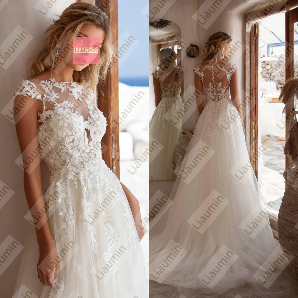 

Ivory Tulle Lace Applique With Strap Sweep Train Wedding Formal Prom Dresses Bridal Ball Gowns Full Length Customized W19-29.3