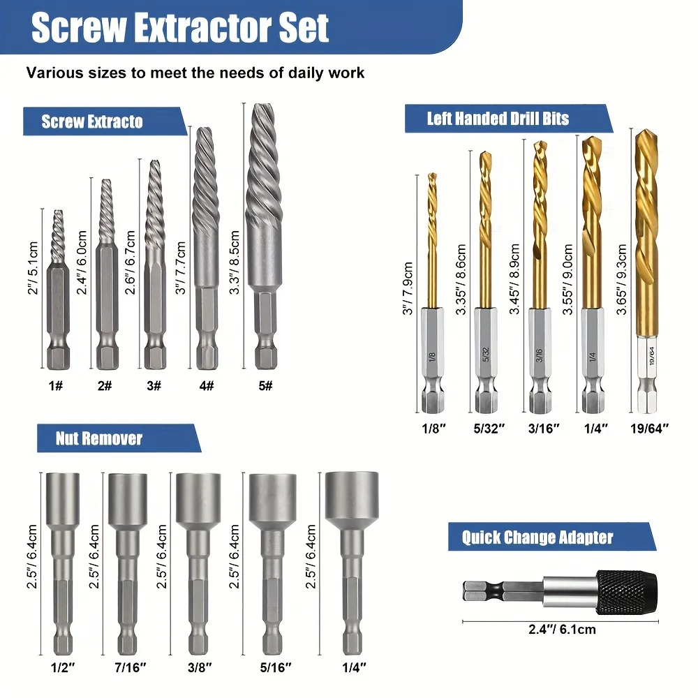 Conjunto Extrator de Parafuso Despojado, Kit Parafuso Quebrado, Mão Esquerda Broca Set, Removendo Parafusos, Parafusos e Fixadores, 16Pcs