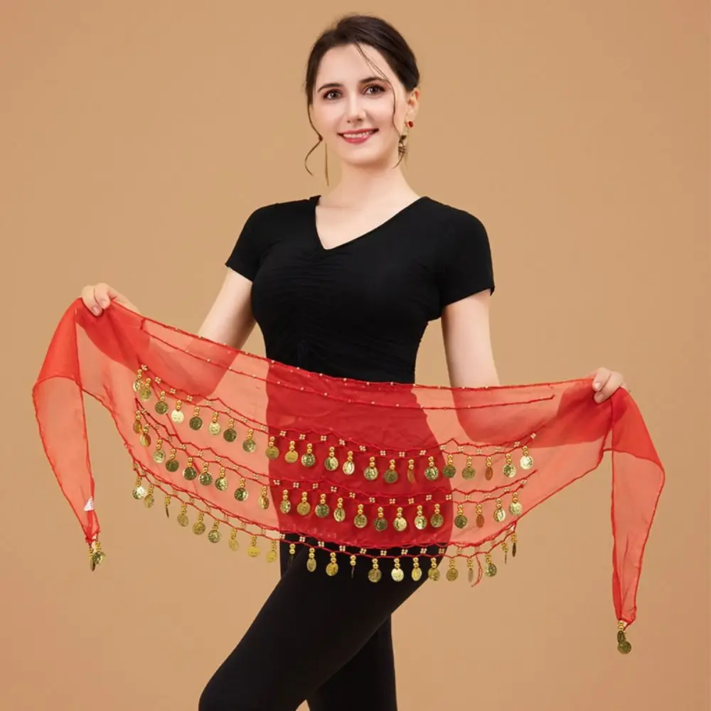 Gold Color Coins Belly Dance Hip Scarf Adjustable Chiffon Material Hip Scarf Wrap Comfortable Fit Three Layers