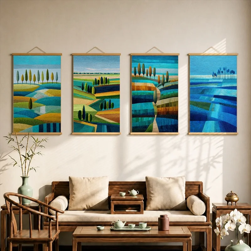 Wall Art Abstract Blue Green Fields and Slender Trees, Modern Landscape Silver Shimmer Canvas Hanging Scroll for Living Room