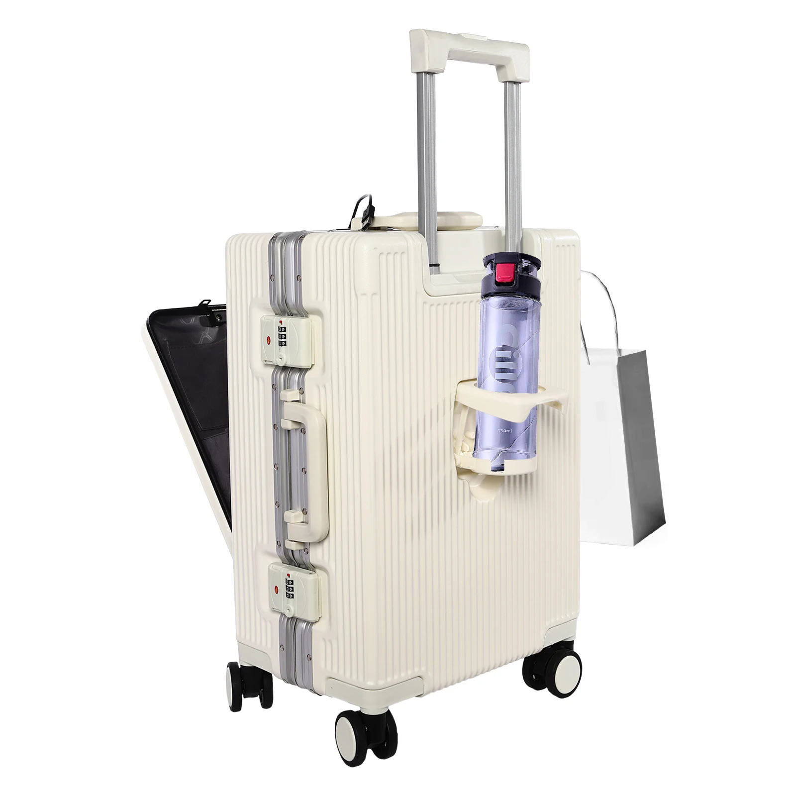 

New Front Opening Boarding Luggage With Multifunctional Rotating Wheels And Cup Holders