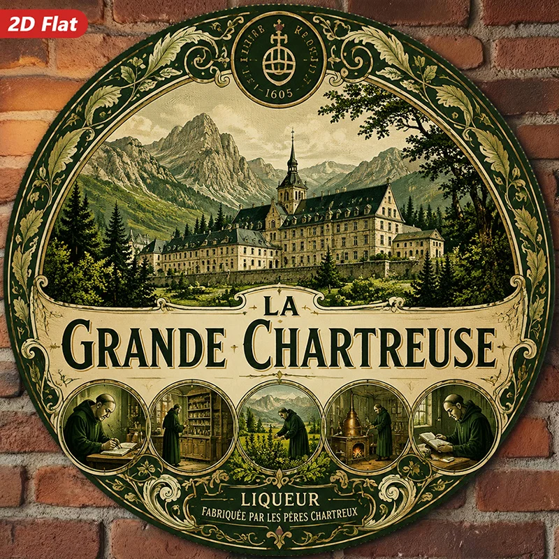 2D Flat, 1pc Vintage Monastery Art Round Metal Sign Wall Art, La Grande Chartreuse Wording, Mountain Monastery View, Ideal for S
