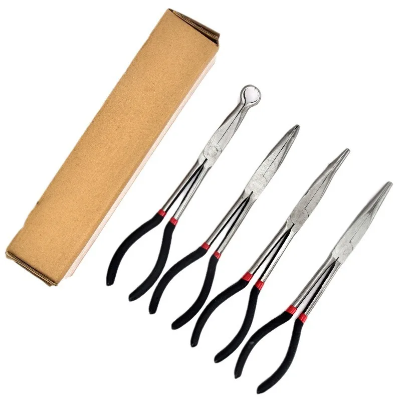 O-shaped clamping spark plug power-off 4PCS set of extended pointed pliers, extended handle pointed nose, curved nose pliers