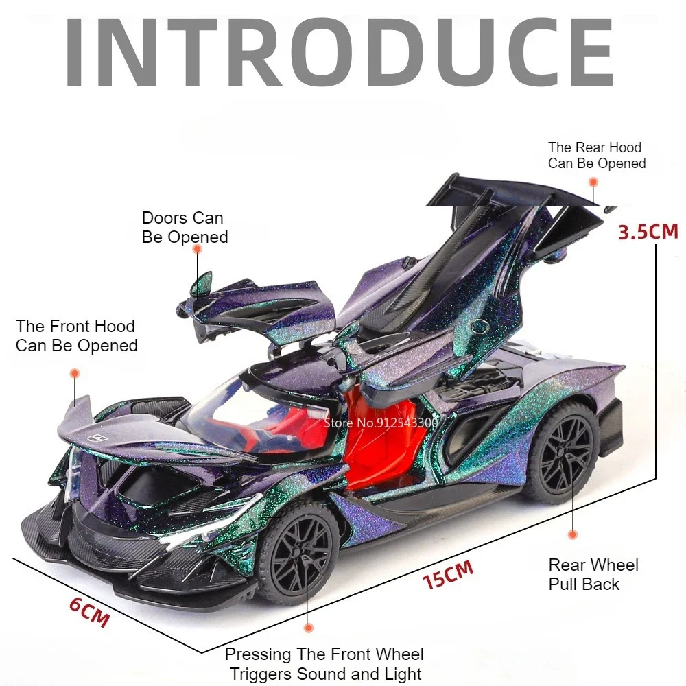 Modelo de coche de carreras Apollo IE 1:32, juguete con luz musical, súper puertas de coche abiertas, modelos de vehículos fundidos a presión de Metal para niños, el mejor regalo
