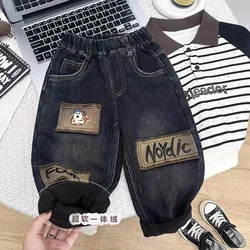 Boys' Autumn and Winter Velvet Pants 2025 New Style Baby Thick one-piece Jeans Children's Pants Kids