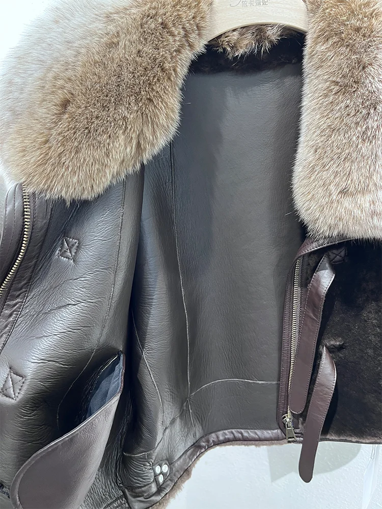Manteaux en fourrure de mouton mérinos naturel pour femme, veste en cuir véritable, col en vraie fourrure de renard, épais et chaud, vêtements d'extérieur, hiver 2025