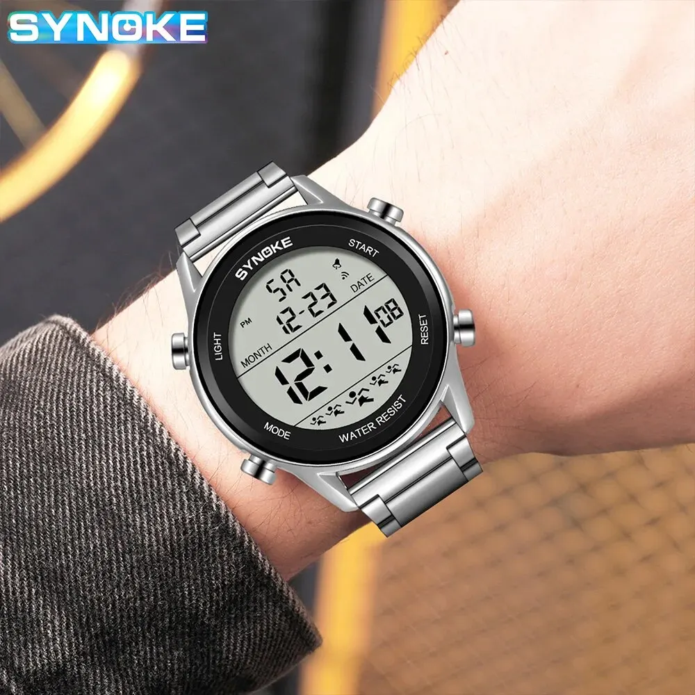 SYNOKE Top Luxury Stainless Steel Strap Sport Watches Mens Waterproof Back Light Digital Wristwatch Male Alarm