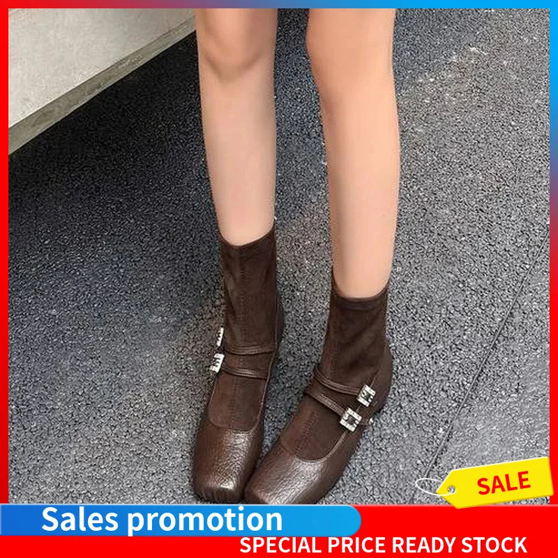Women Genuine Sheepskin Square Toe Rhinestone Ankle Boots Hidden Mid Heel Pigskin Insole Rubber Sole Casual Heels Boots  F147