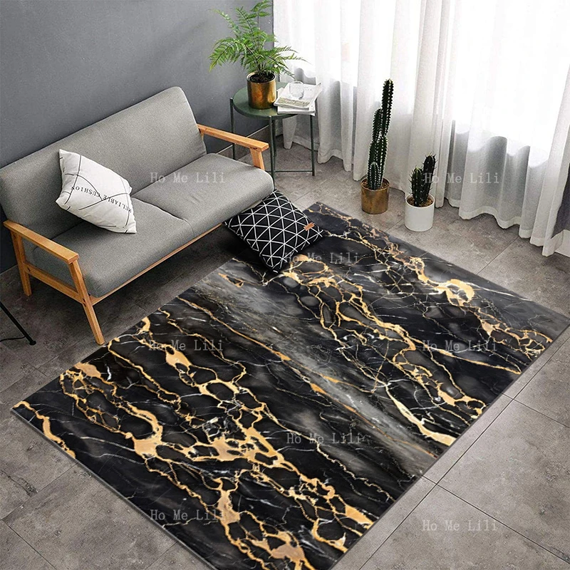 Abstract Black Grey And Gold Cracked Marble Pattern Modern Simple Poster Gloss Ink Texture Flannel Floor Rug By Ho Me Lili