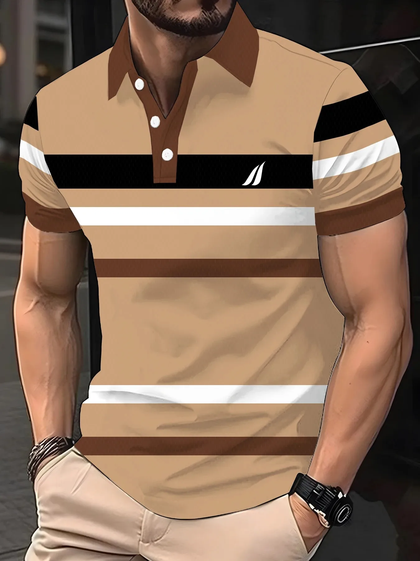 2026 Summer Men's Polo Shirt with Stripes Print Breathable Lightweight Casual Fashionable Outdoor Men's Clothing