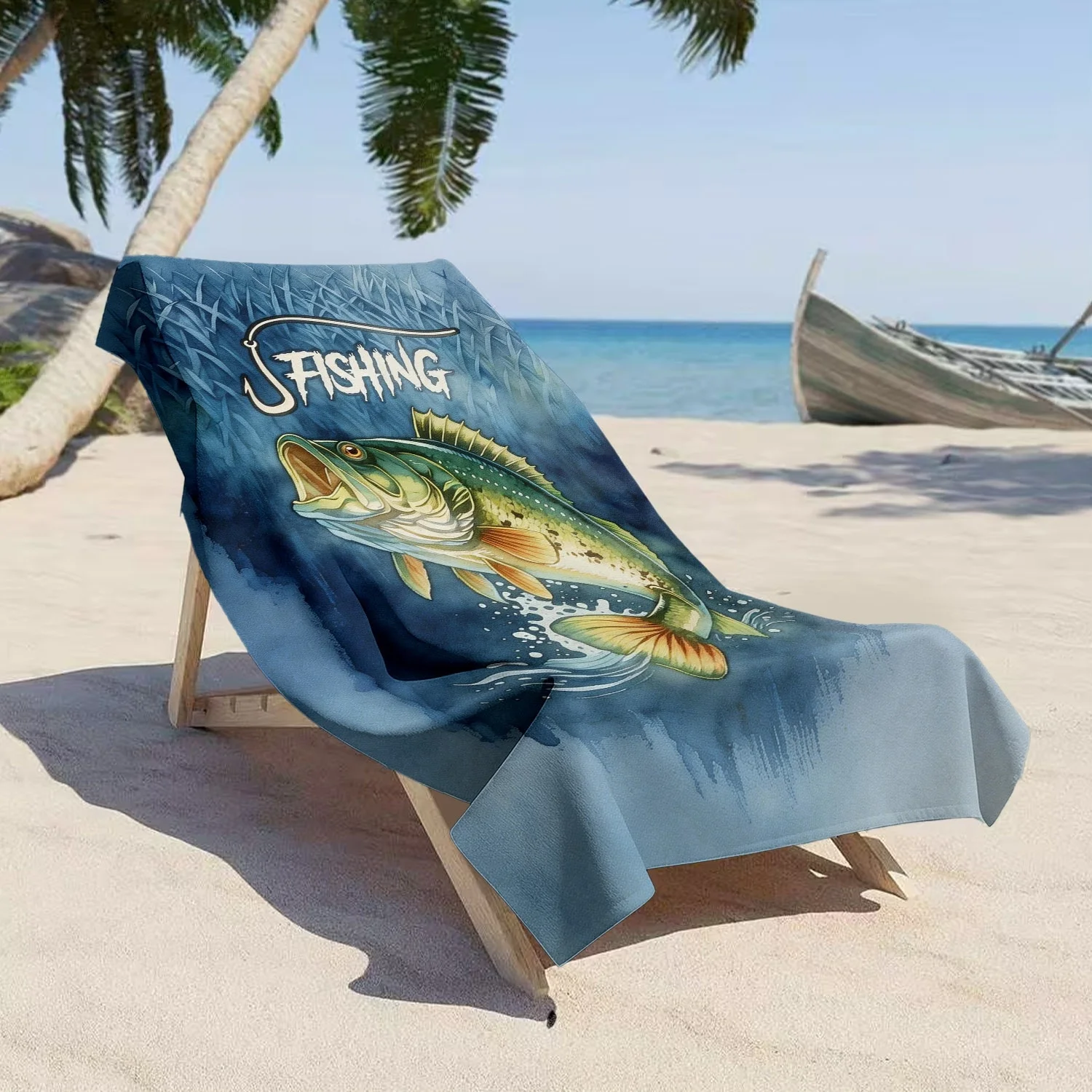 Fisherman's Bass Beach Towel Watercolor Largemouth Bass Fishing Hook Pattern Bath Towel Outdoor Fishing Enthusiast Beach Blanket