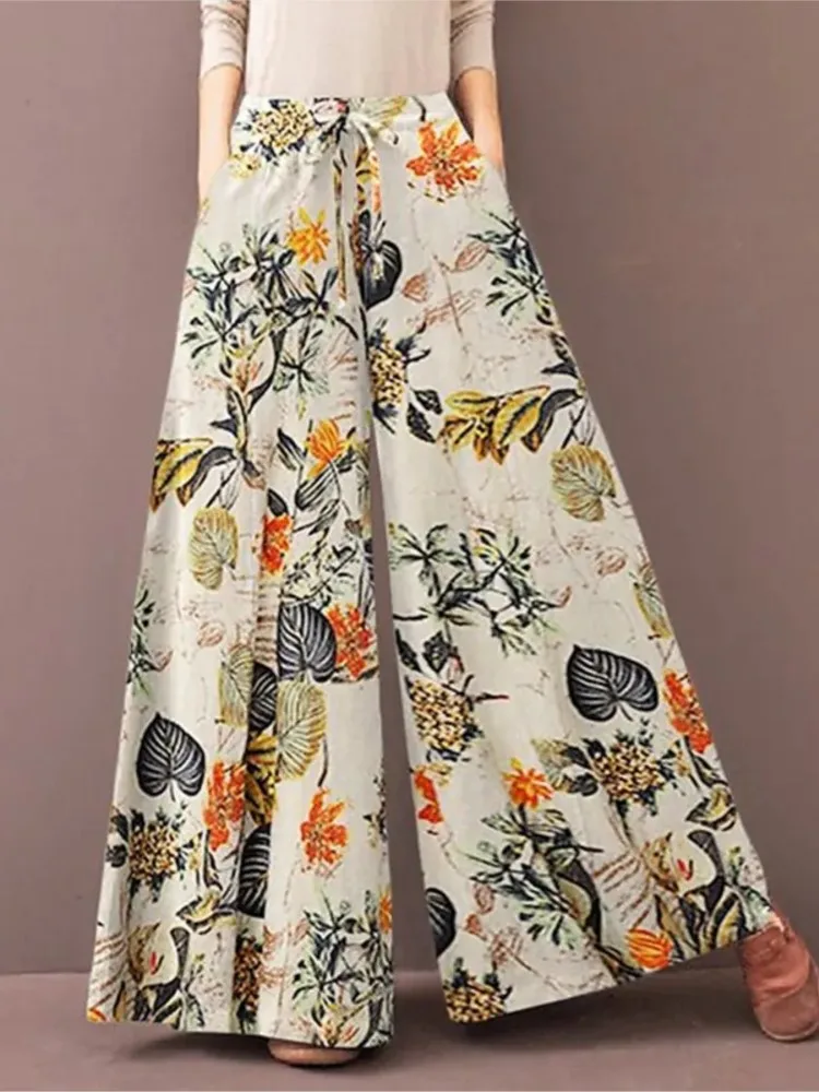 

Casual Loose Women's Pocket Wide Leg Pants 2024 Retro Printing Long Pantalon Autumn Fashion Drawstring Elastic Waist Trousers