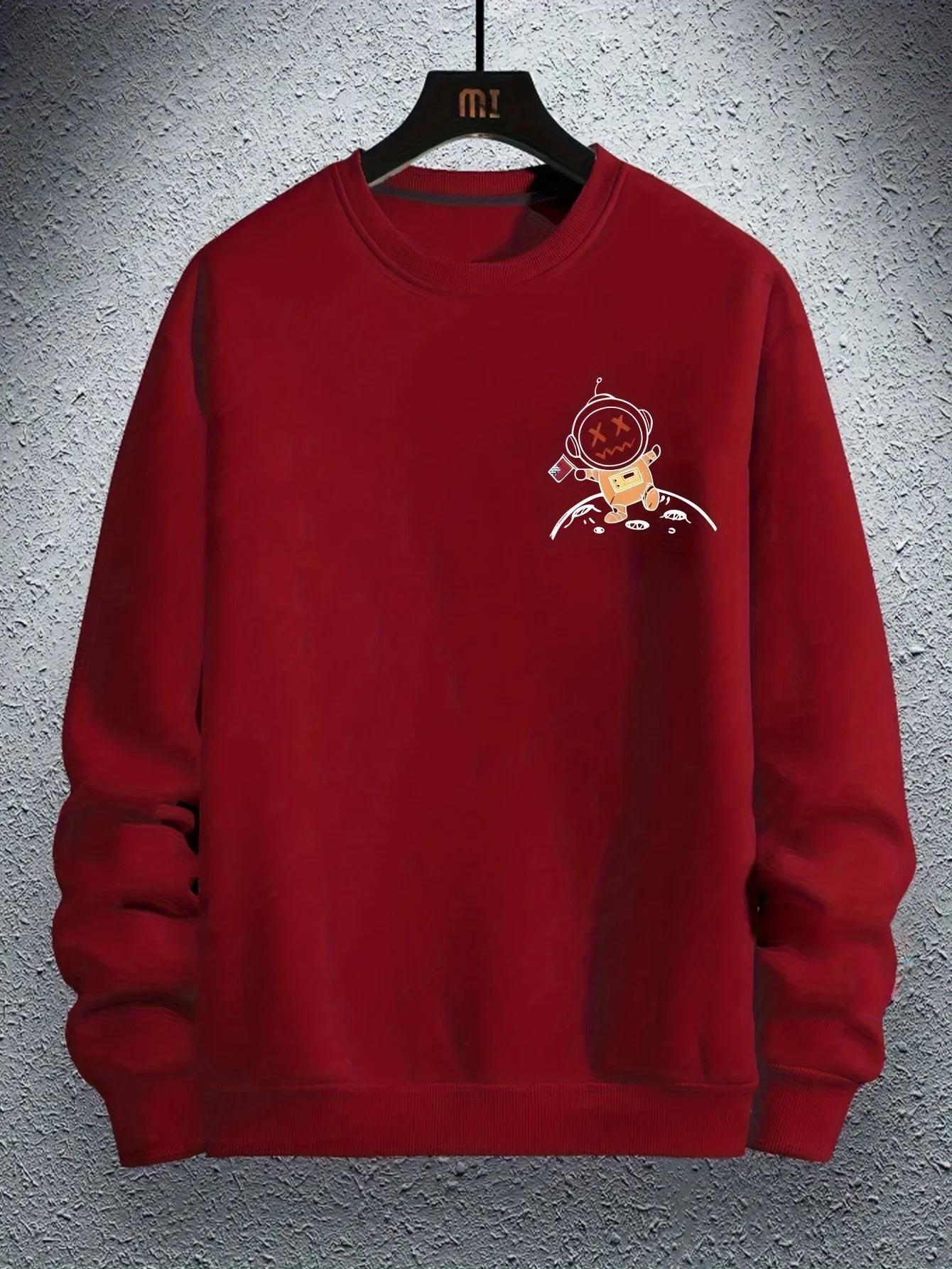 Herren-Sweatshirt mit Rundhalsausschnitt, langärmeliges Pullover-Modell mit Cartoon-Astronauten- und Planetenmuster, lässiger Streetwear-Sweatshirt mit lockerer Passform. – Detail 7