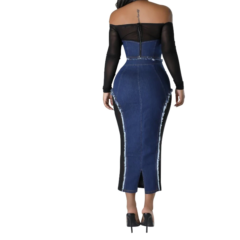 Skirt Set Women Two Piece Sets Dress Sets Sexy Strapless Off Shoulder Denim Splice Full Sleeve Top Mid Length Skirts Hip Wrap