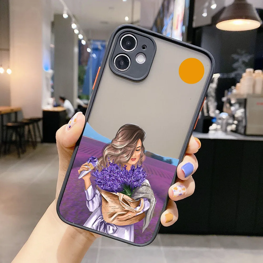 Matte Phone Case for iphone 14 15 Pro XS Max 13 8 7 Plus 12 11 XR X SE Lavender chrysanthemum Girl Translucent Case Funda Shell