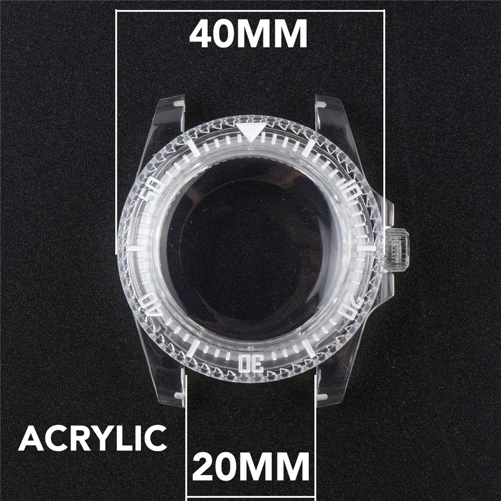 40mm  Acrylic Mirror Transparent Plastic Case Green Luminous Watch Case for NH35/NH35A/NH36/4R/7S Movement