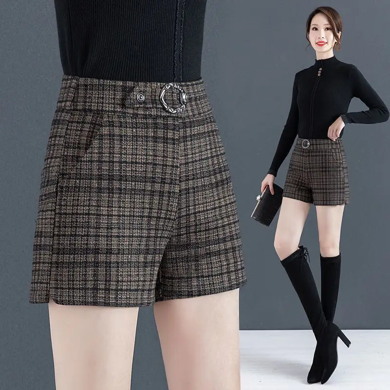 Plaid Shorts Women Autumn Harajuku Basic Vintage Chic High Waist Slim Gentle Literary Office Lady Designed Bottoms Simple Korean