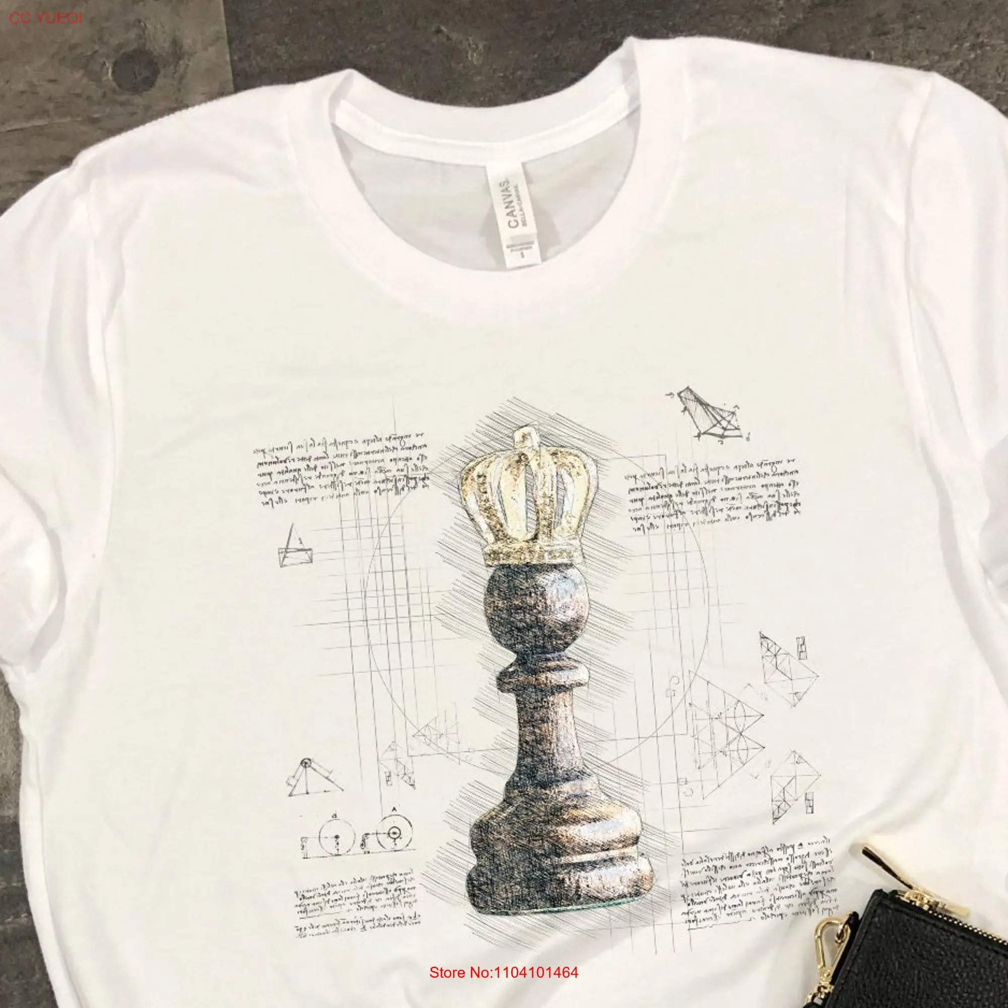 Chess T Shirt Piece Vintage Retro King Pawn Blueprint Da Vinci Style Distressed for Men and Women long or short sleeves