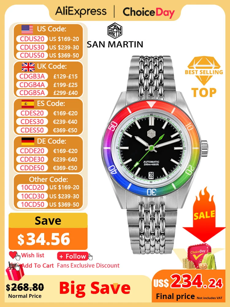 

San Martin Men Watch Fashion Sapphire Rainbow Bezel Full Luminous 39.5mm NH35 Automatic Mechanical Waterproof 200m Date SN0116