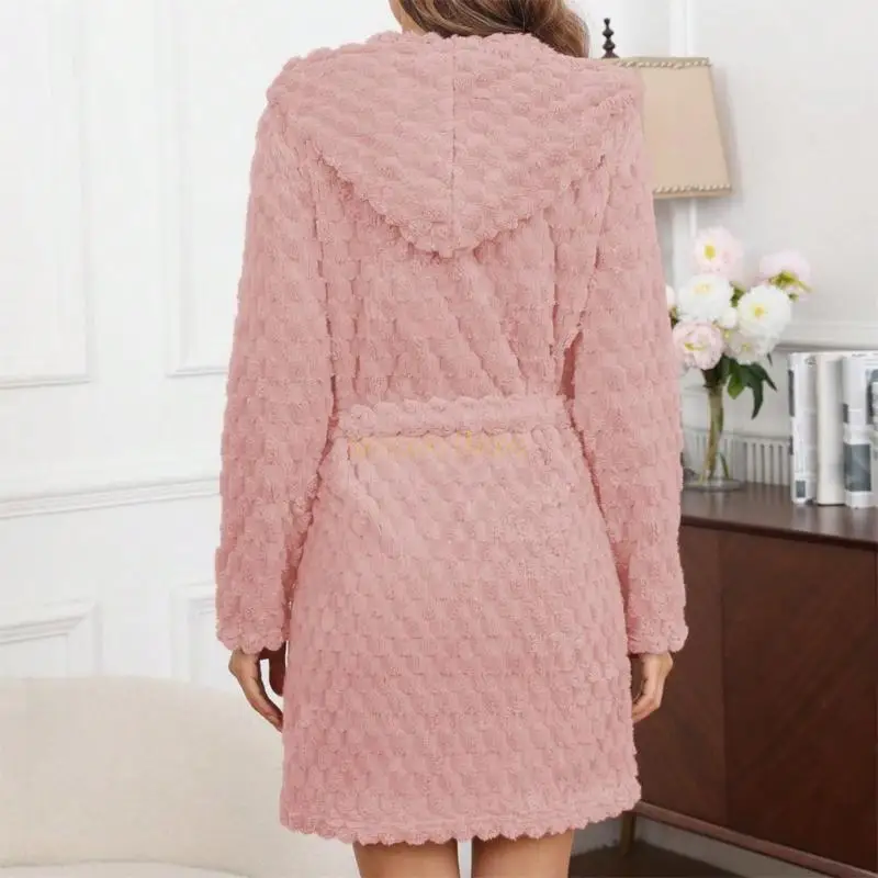 31BF Women's Robes Short Plush Bathrobe Knee Length Warm Soft Jacquard Robe Winter House Coat with Pockets