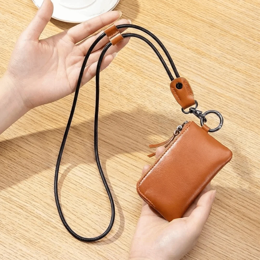 Vintage PU Hanging Neck Wallets Soft with Keychain Lanyard Mini Coin Purse Portable Exquisite Card Holder Outdoor