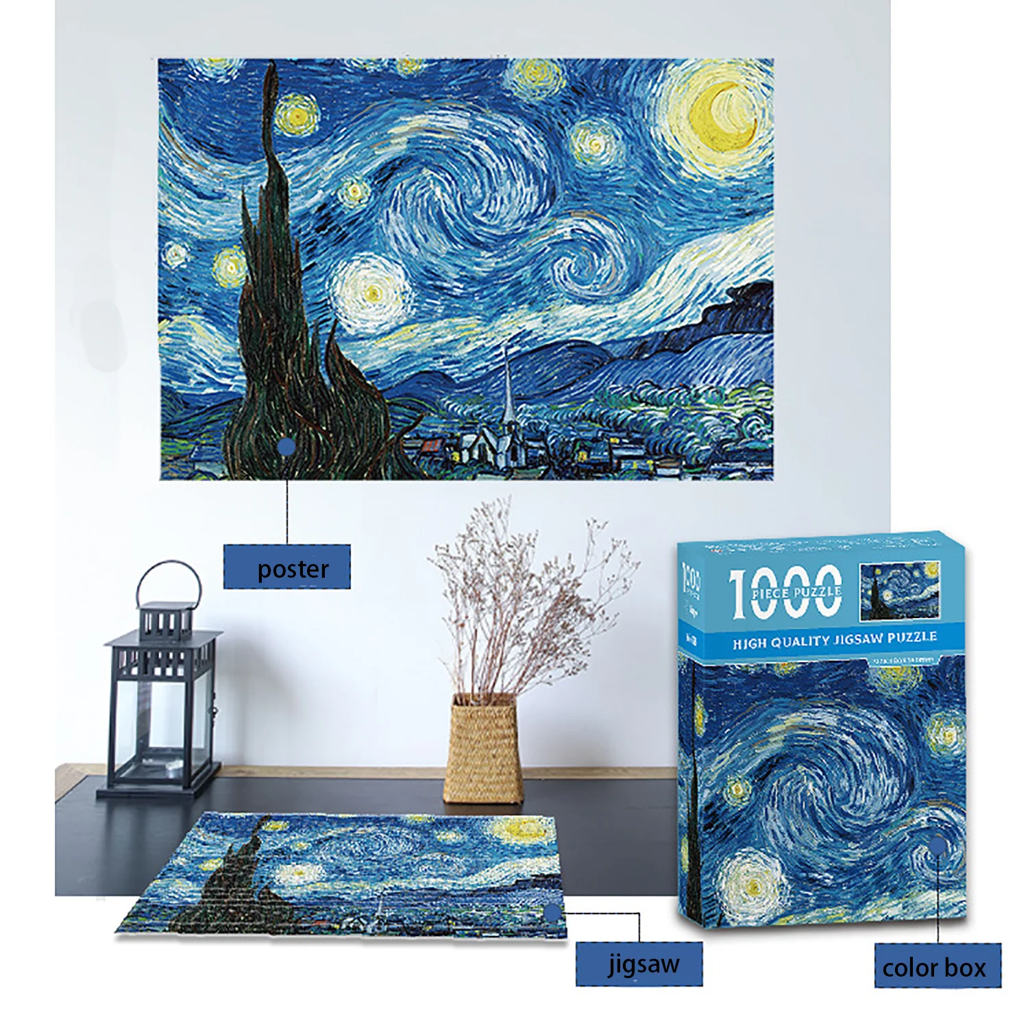 Puzle-noche estrellada de Vincent Van Gogh, rompecabezas de 1000 piezas para adultos y niños, noche estrellada, Cuadrado-1000 piezas