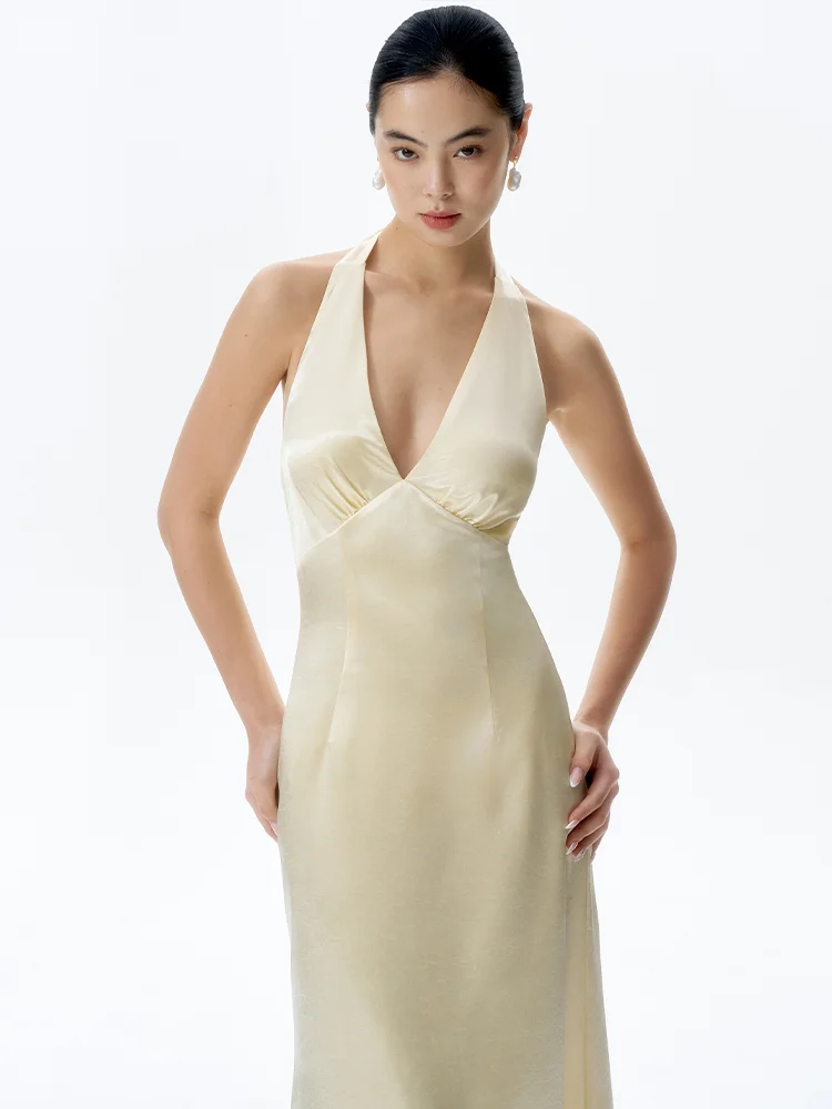 

TANSOP Satin Neline Dr Light Yellow Waist Cinched Bal Fi Tail Long Dr Birthday Par Gown Ele Sle V-Ne...