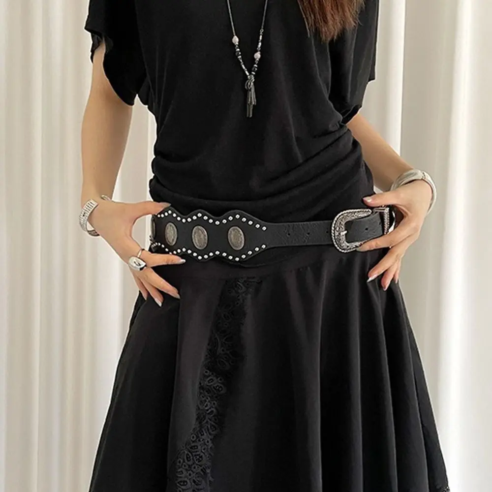 العصرية خمر حزام المرأة برشام Y2k حزام الخصر الجلدي فستان قوطي أسود حزام الجينز الخصر الديكور #2