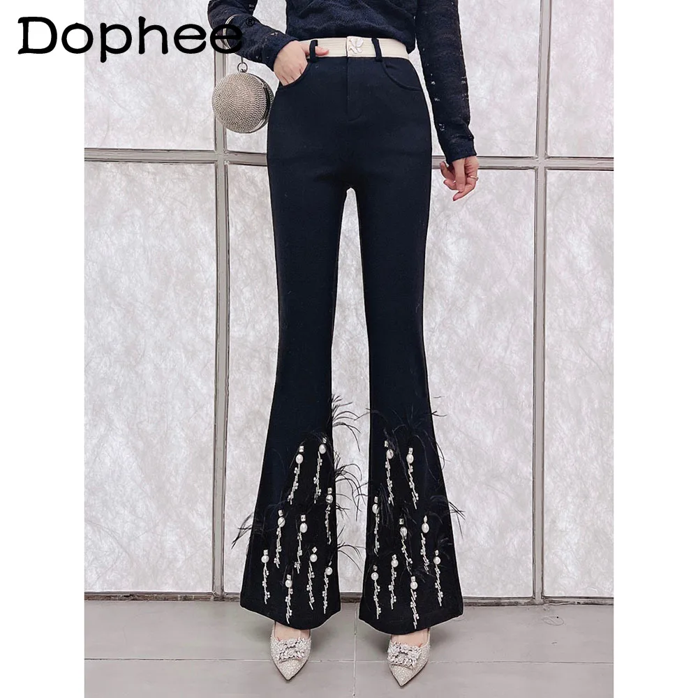 

Heavy Industry Beaded Feather Fleece Casual Pants Women's Winter New High Waist Skinny Elastic Pants Flare Pants Black and White