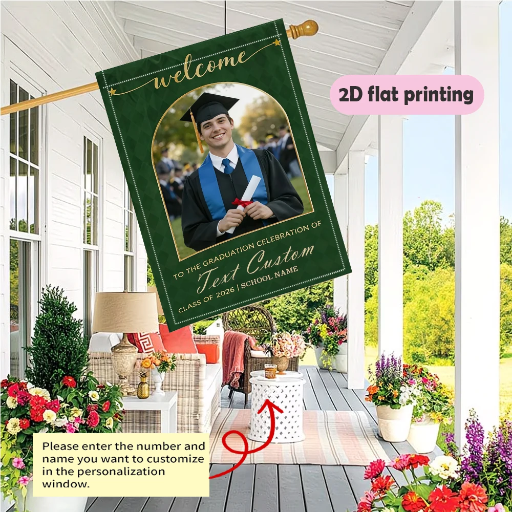 Garden flag custom Name Photo And School Name Green Gold Arch Frame Suitable for graduate activity decoration