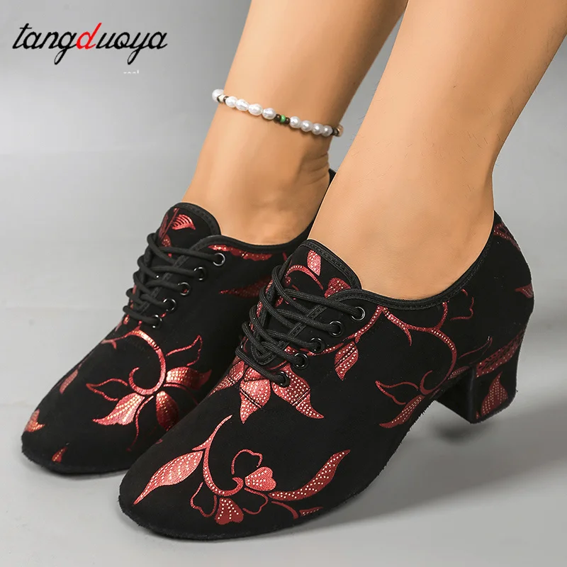 Women Latin Dance Shoes Jazz Print Ballroom Salsa Dancing Shoes Woman High Heels Training Modern Tango Dance Sneakers Female