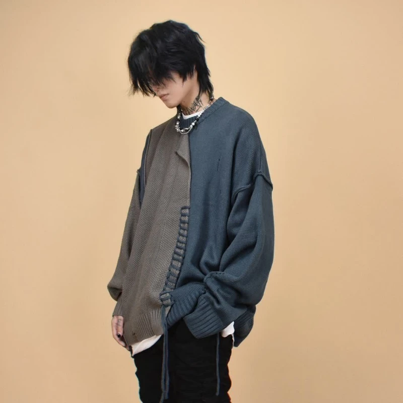 Autumn Winter New Fashion Round Neck Long Sleeve Patchwork Contrast Color Pullovers Men's Clothing Korean Knitting Trend Tops