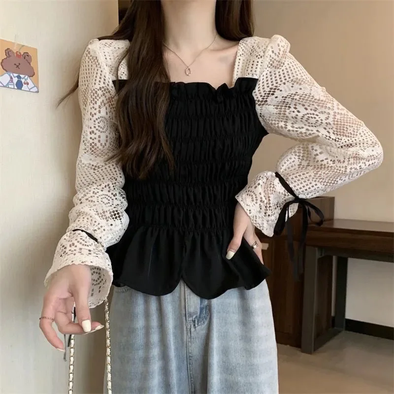 Lace Patchwork T-Shirt Women Elegant Sweet Fashion Hollow Out Chic Blouse Bow Pleated Spring Fall Pullover Pretty Lady Tops