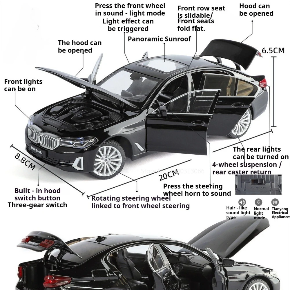 1:24 Scale 530LI M8 Car Model Toy Sound Light Pull Back Models Shock Absorption Front Wheel Steer Vehicle Ideal Hobby Decoration