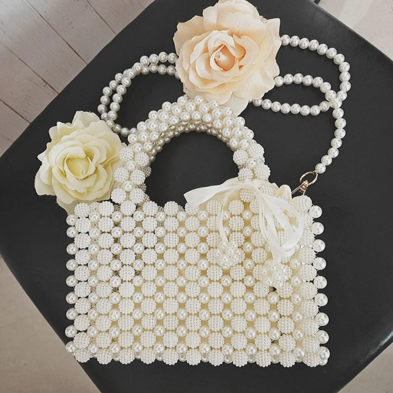 Handwoven Pearl Bag Off White Imitation Pearl Fashion Versatile Women's Crossbody Bag Yangmeiqiu Handbag Material Bag