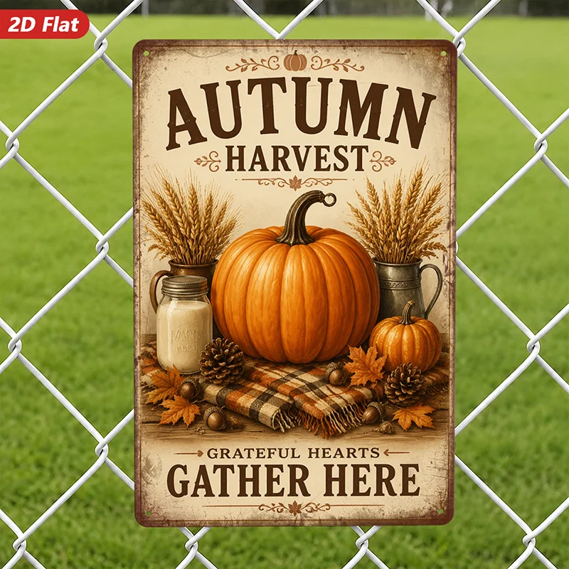 2D Flat, 2D Flat, 1pc Metal Sign Wall Art, Autumn Harvest Home Decor, Pumpkin And Wheat Pattern, Rustic Style, for Living Room,