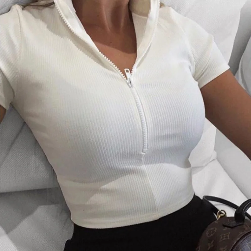 Women\'s Clothing New Stand-Up Collar Zipper Short-Sleeved T-Shirt Girls Chest Revealing Navel Slim Tight Sexy Comfortable Sports