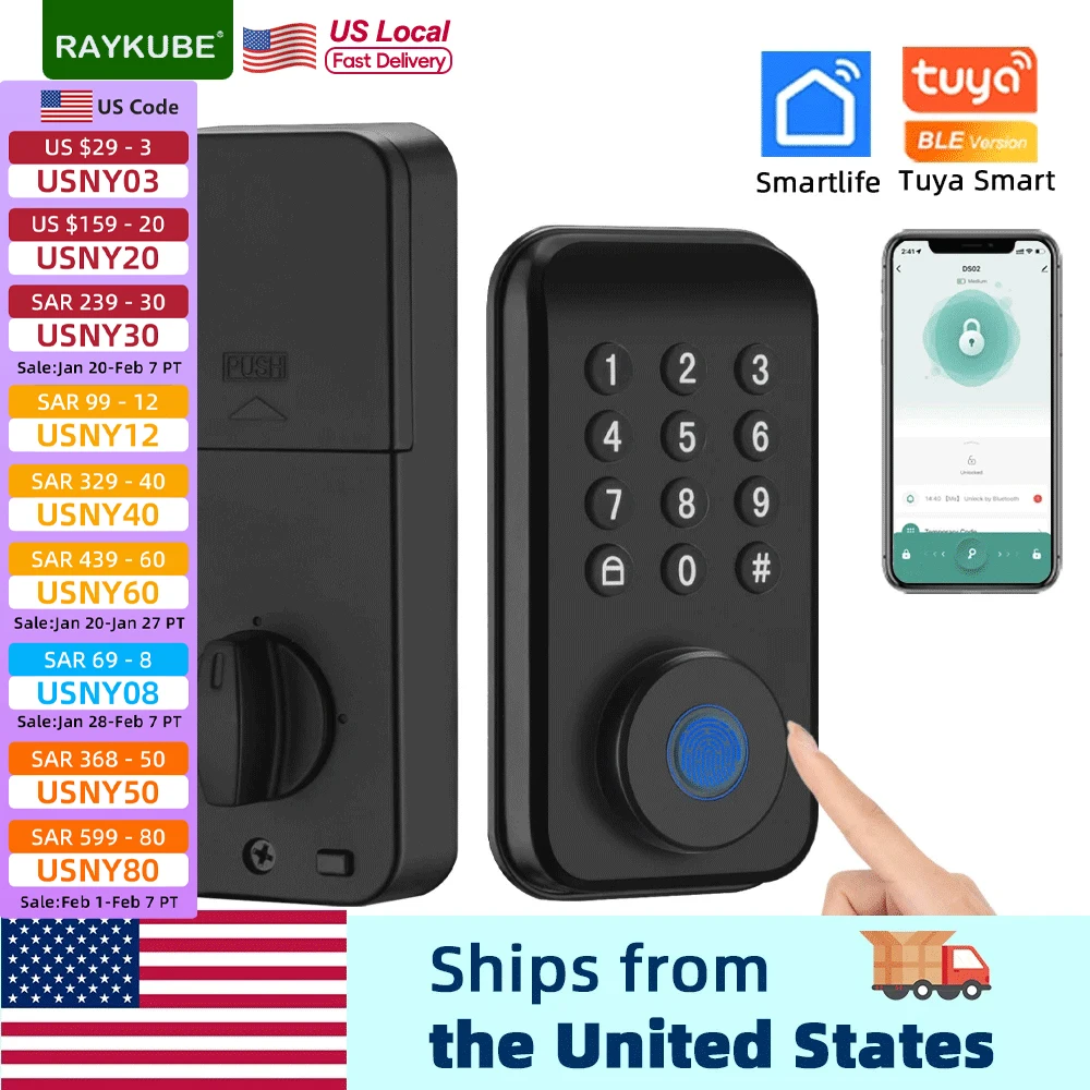 

RAYKUBE Tuya Smart Fingerprint Deadbolt Lock with Latch/Door Sensor Auto Lock Key/Password/ Tuya Smartlife APP Unlock From USA