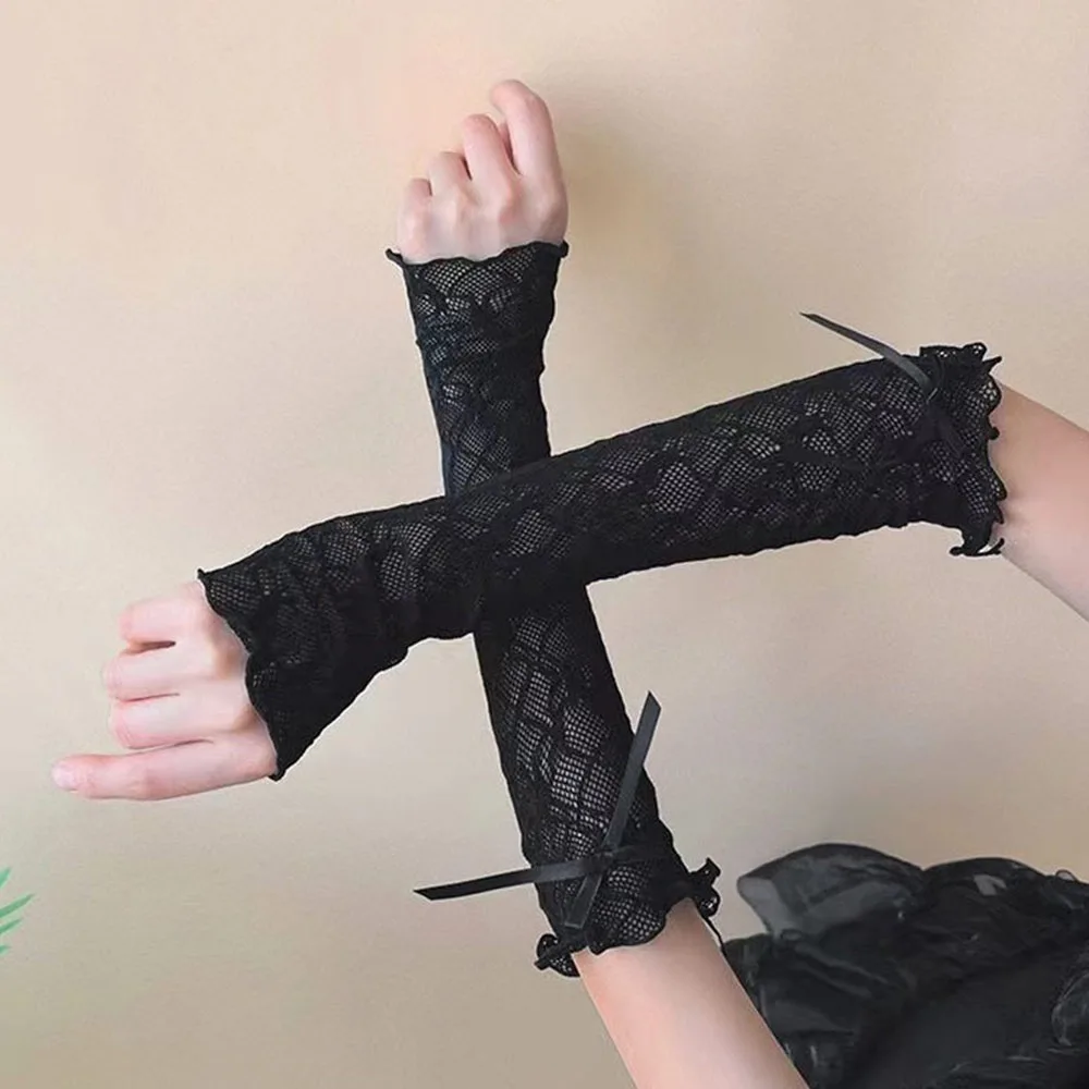 Lace Ruffle Lolita Lace Gloves Black White Bowknot Strapping Y2k Fingerless Mittens Japanese UV Protection Arm Warmers