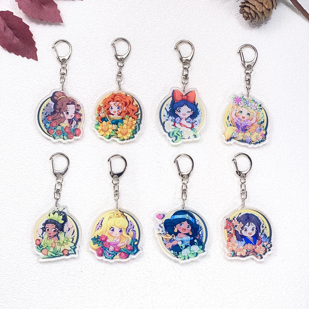 12 Uds. de accesorios de llavero de princesas de Disney, Ariel, Anna, Merida, Alice, colgantes acrílicos para bolsos, llaveros, decoración de mochilas