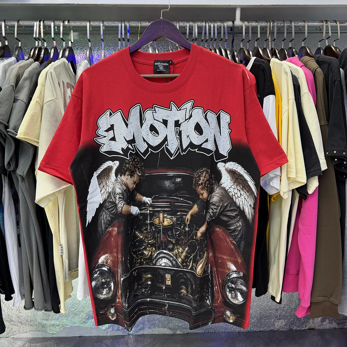 Oversized Funny T Shirts Emotion Graffiti Angel Car Print Streetwear Y2k Clothes Cotton Rhinestone Graphic Tee for Men Women