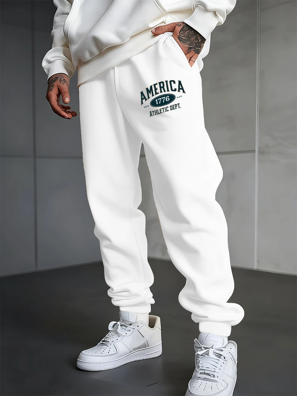 

America Athletic Dept Words Printed Sweatpants Men Pocket Jogger Pants Loose Elastic Waist Fleece Trousers Street Male Clothes